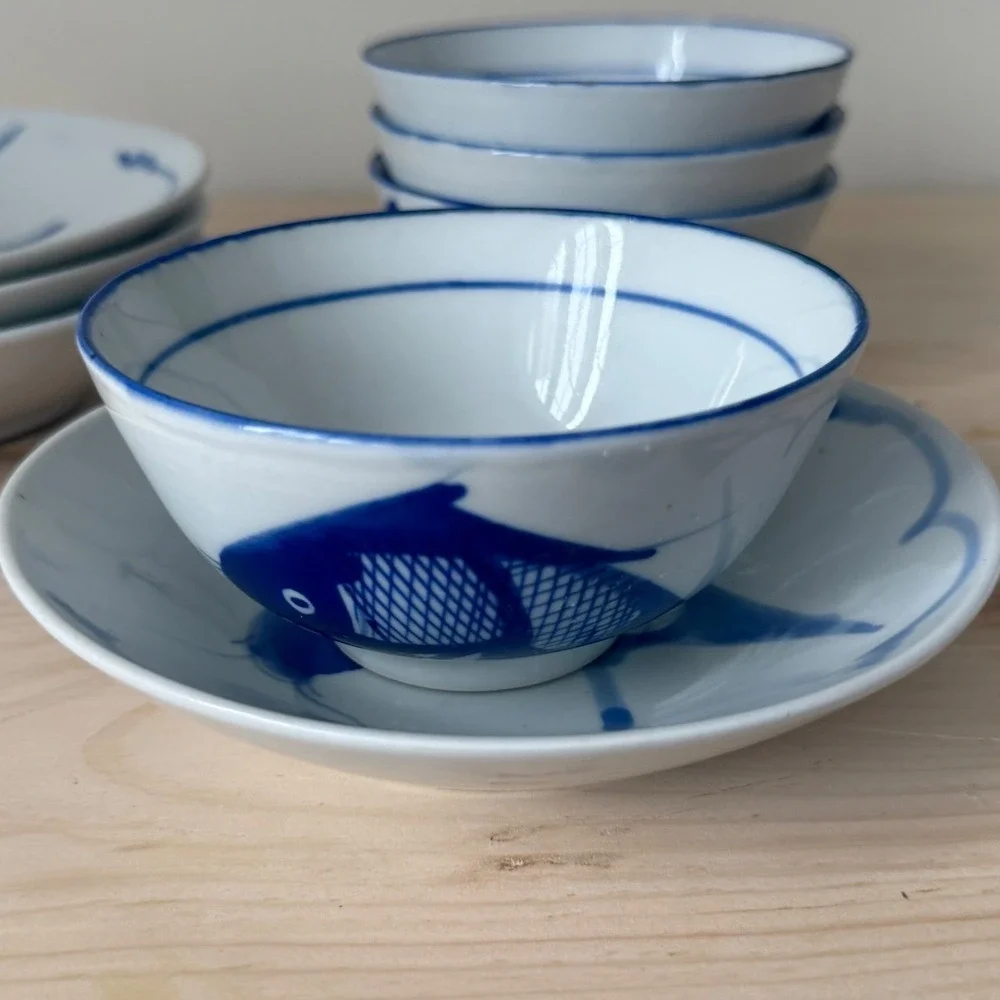 Vintage Chinese Porcelain Blue Fish Bowl & Plate Set of 4 Made in China